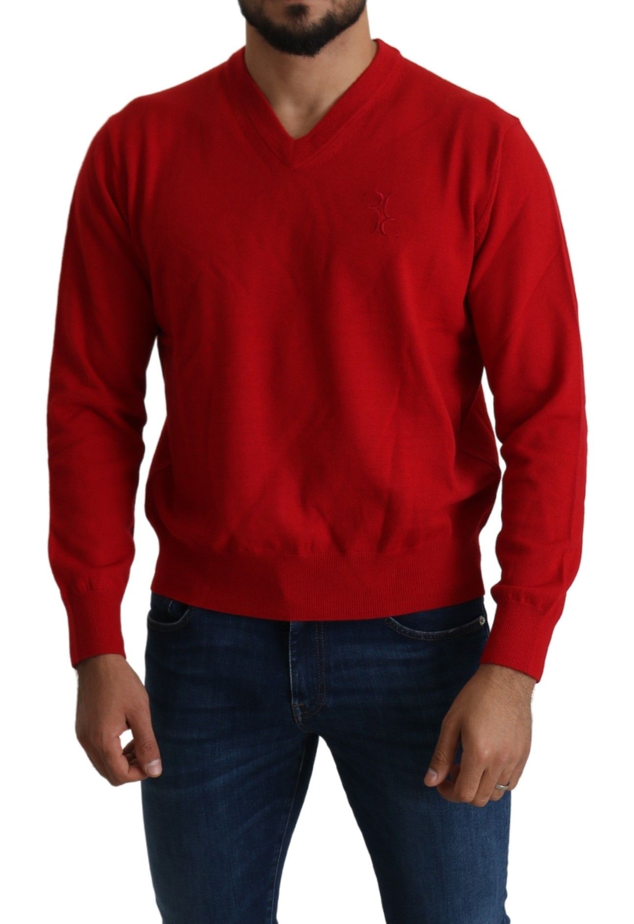 Milyarder İtalyan Modası Kırmızı Yün V Yaka Sweatshirt